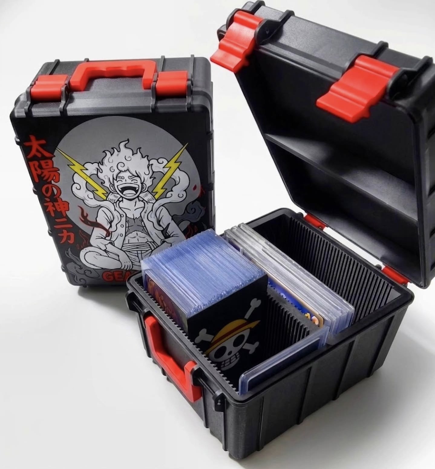 Gear Five Luffy custom card case beside an open case holding cards