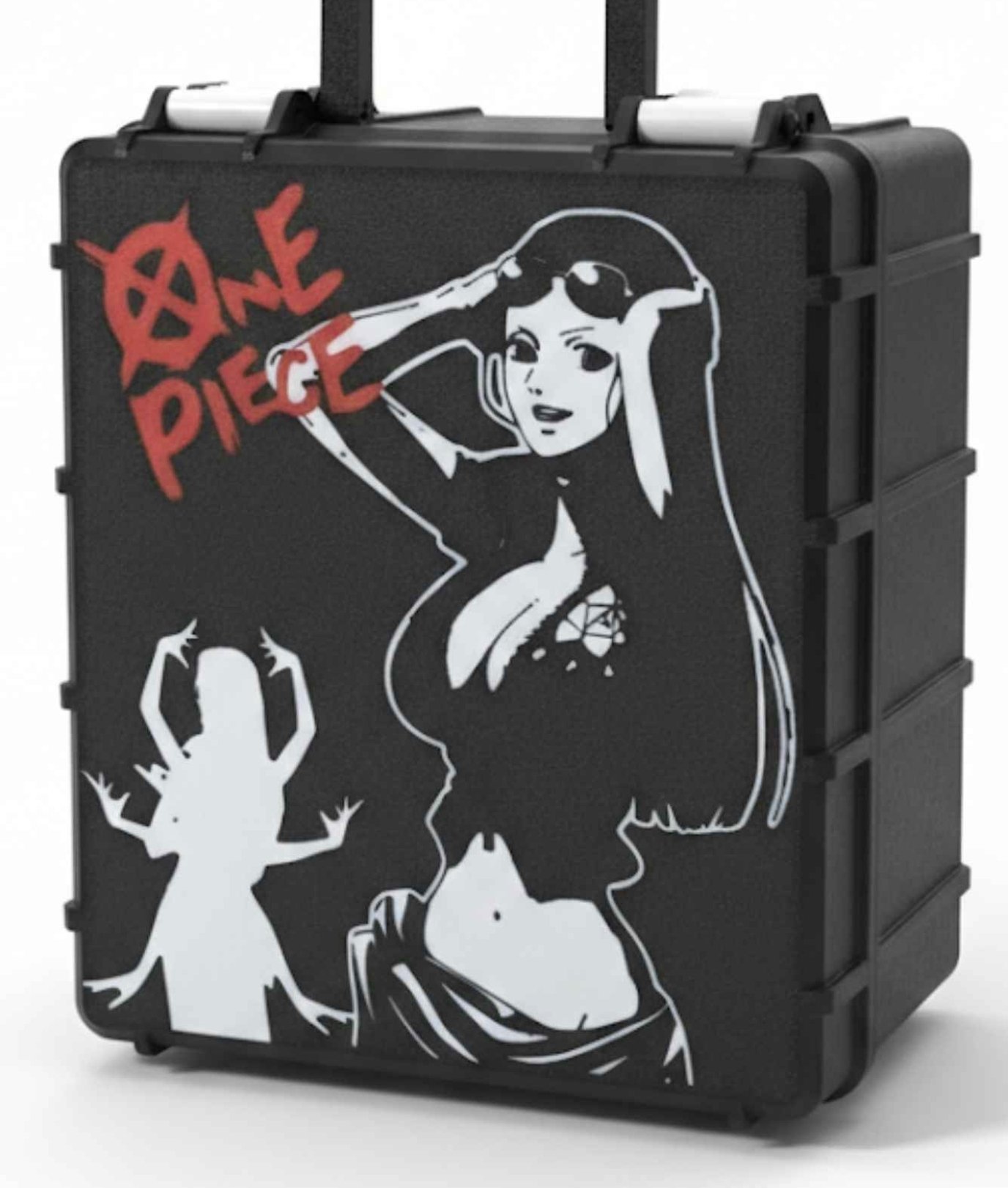 Black custom card case with red One Piece logo and white character line art