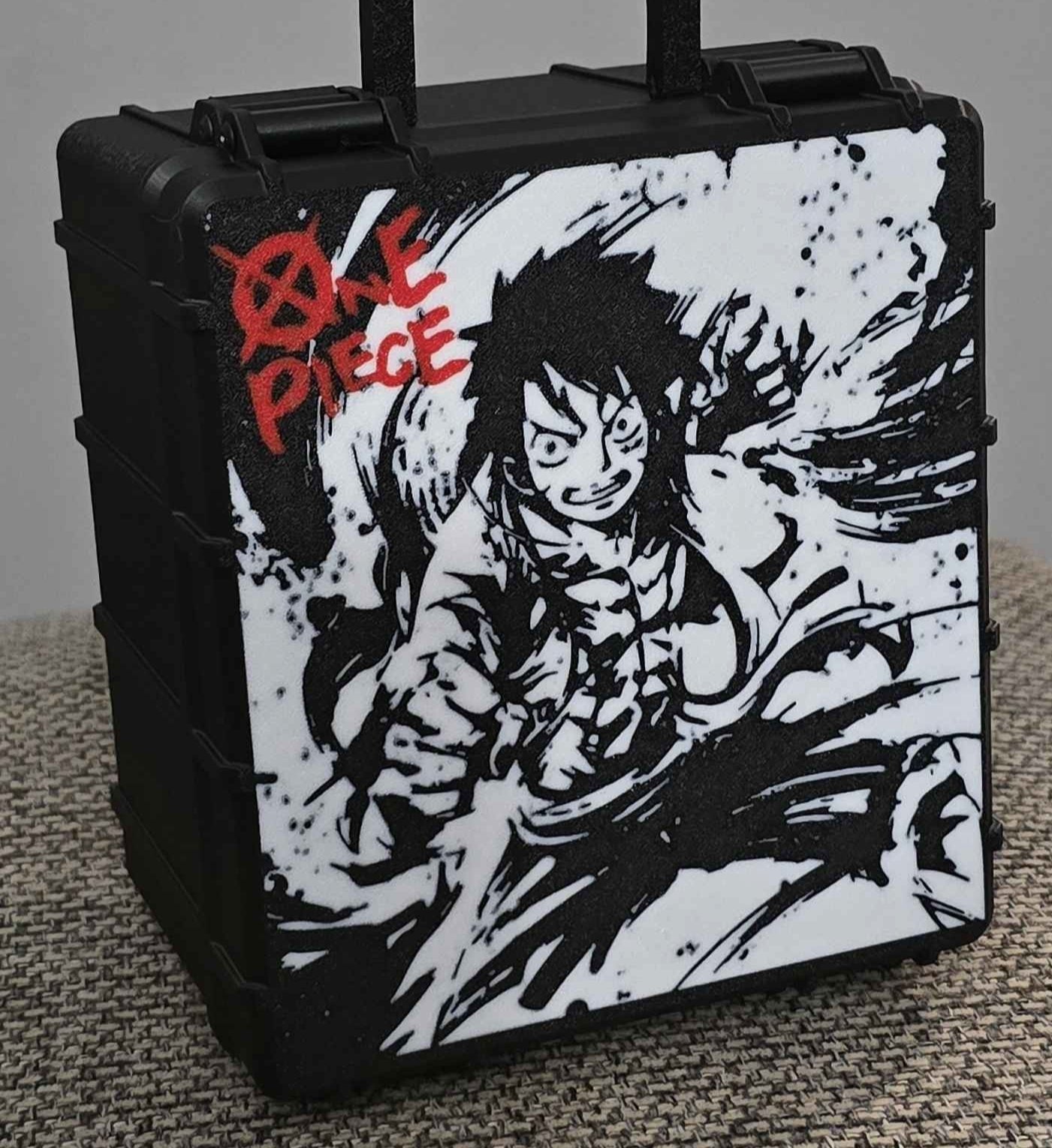 Black One Piece custom card case with red and white manga-style Luffy artwork