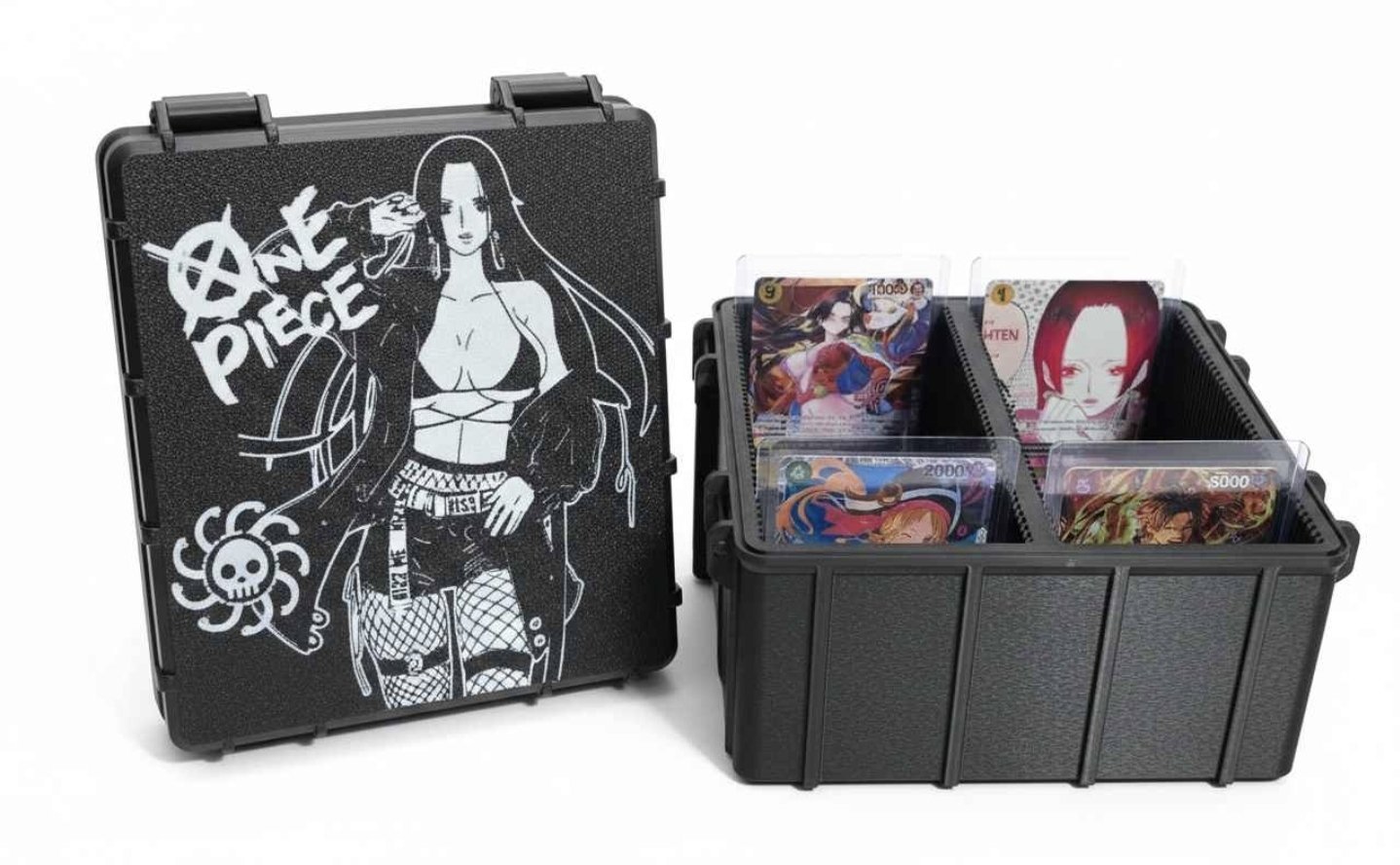 Open black One Piece custom card case with white line-art lid and cards inside