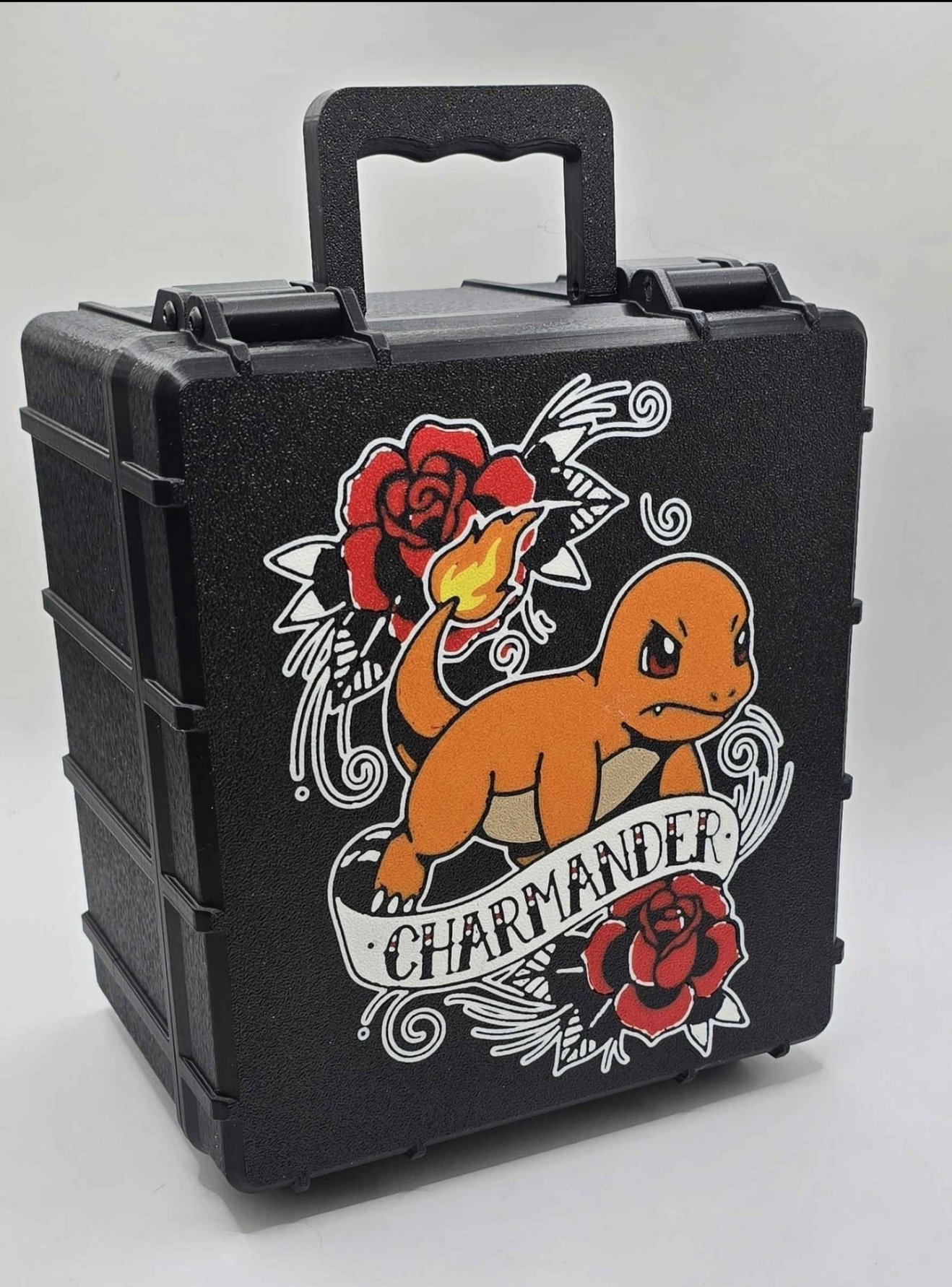 Black custom card case with tattoo-style Charmander and red roses artwork