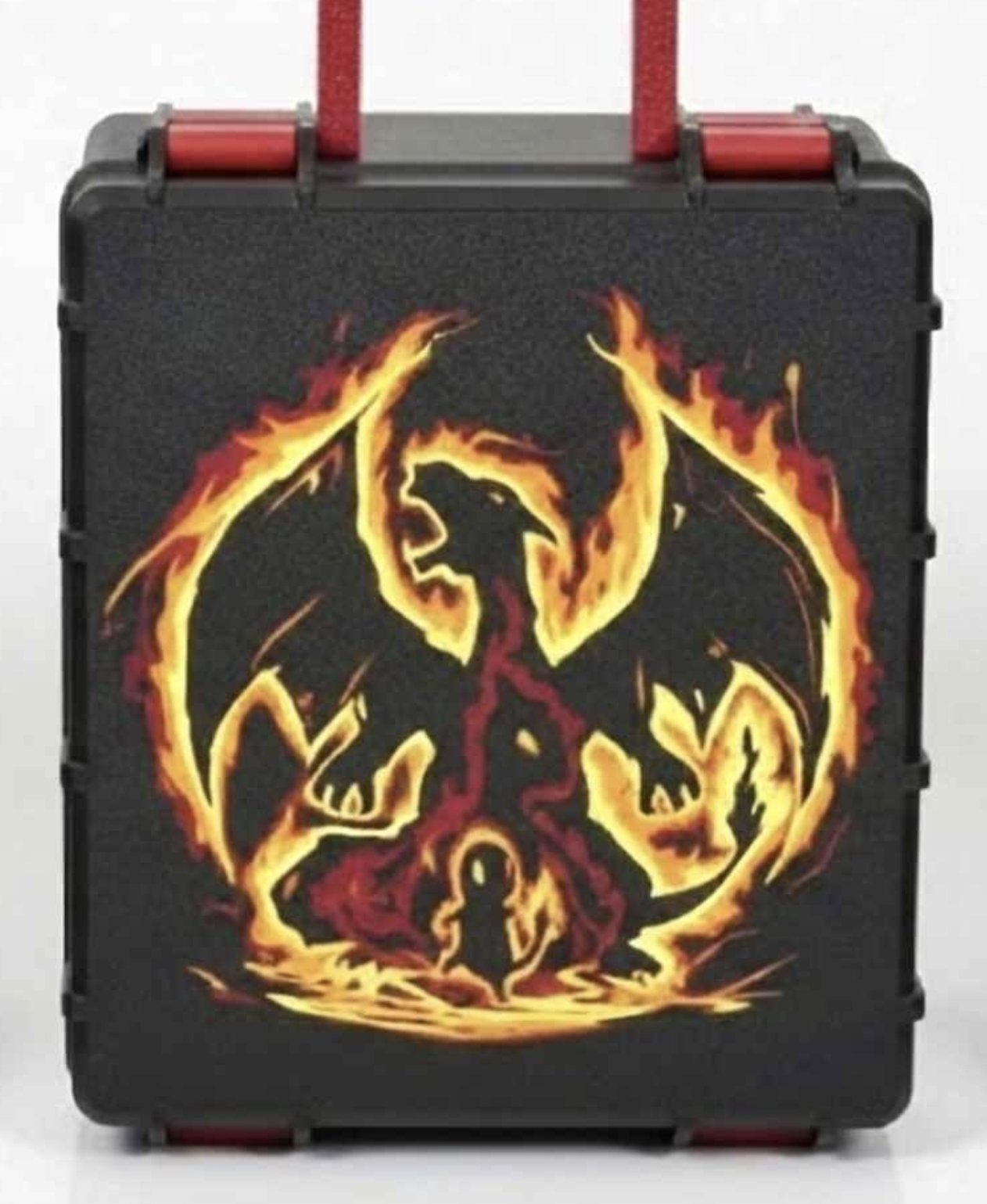 Black custom card case with red handle and Charizard evolution fire artwork