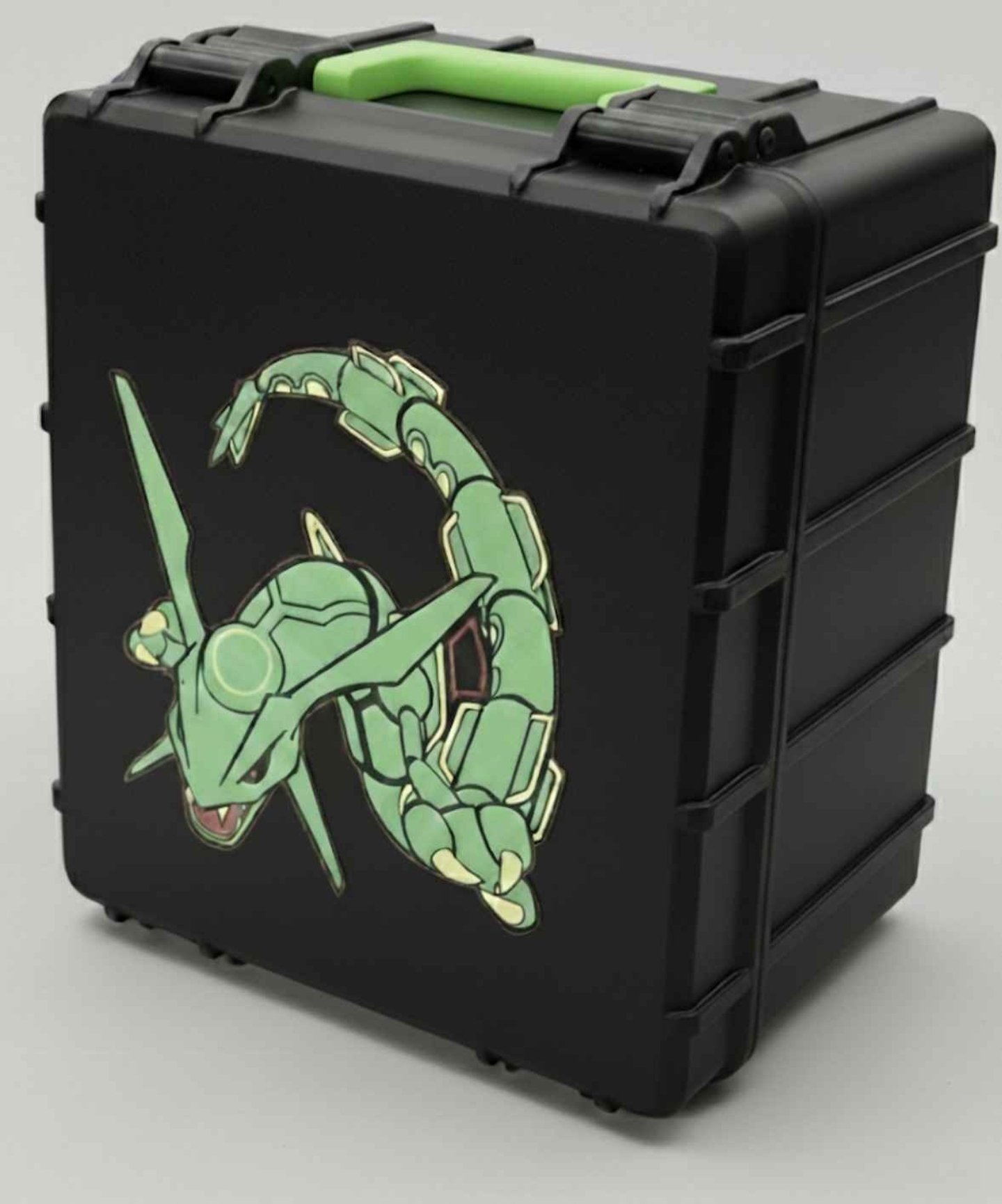 Black custom card case with green handle and Rayquaza artwork