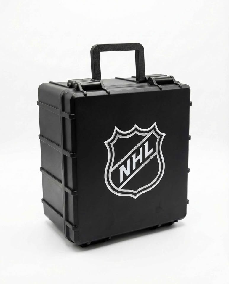 Black custom card case with white NHL shield artwork